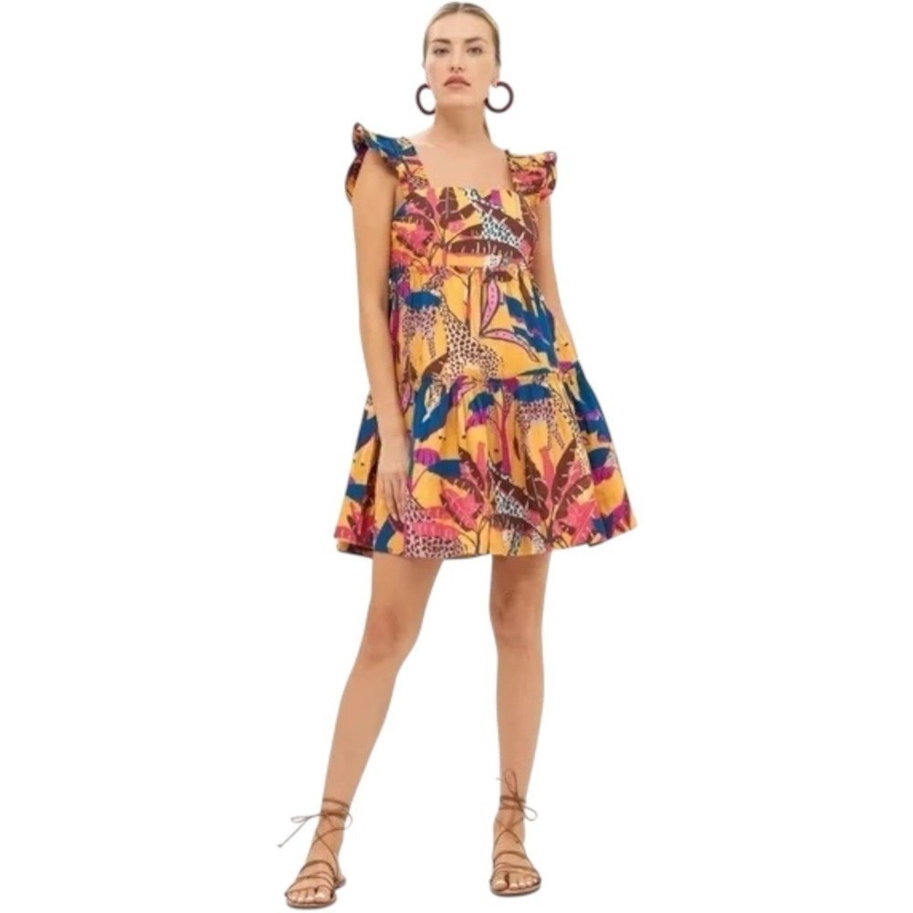 Oliphant Square Neck Tiered Mini Dress Kruger Saffron Giraffe Print Rare Small‎
